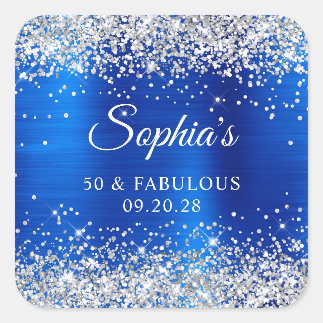Pegatina Cuadrada Silver Glitter Royal Blue Foil 50 & Fabulous (Anverso)