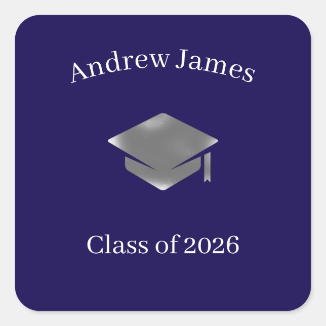 Pegatina Cuadrada  Silver Graduation Cap -Class of 2026 (Anverso)