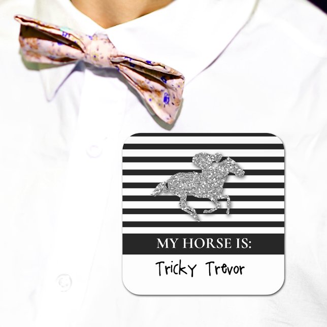 Pegatina Cuadrada Silver Racehorse Derby Day Betting (Give guests a sticker they can wear that names the horse they are betting to win the race.)