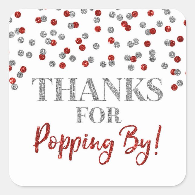 Pegatina Cuadrada Silver Red Confetti Gracias por Pasar (Anverso)