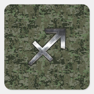 Pegatina Cuadrada Silver Sagittarius Zodiac Woodland Camo Digital