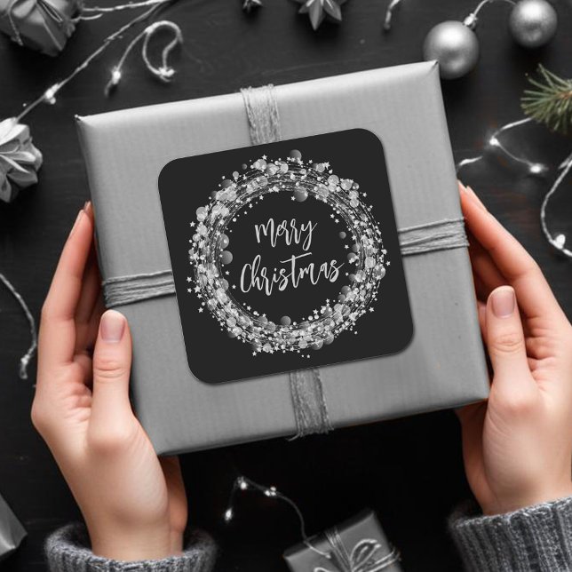 Pegatina Cuadrada Silver Stars Feliz Navidad (Silver Stars Merry Christmas Round 3" Stickers)