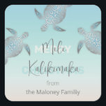 Pegatina Cuadrada Silver Turtles | Mele Kalikikmaka | Personalized<br><div class="desc">Elegant silver sea turtles on a turquoise sand/sea background. Say mele kalikimaka to your friends and family. Personalize it with your name. Elegant modern Hawaiian Christmas sticker. The design is done in layers. Please go to the layers section by clicking on "edit design", to change the design and text for...</div>