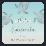 Pegatina Cuadrada Silver Turtles | Mele Kalikikmaka | Personalized<br><div class="desc">Elegant silver sea turtles on a turquoise sand/sea background. Say mele kalikimaka to your friends and family. Personalize it with your name. Elegant modern Hawaiian Christmas sticker. The design is done in layers. Please go to the layers section by clicking on "edit design", to change the design and text for...</div>