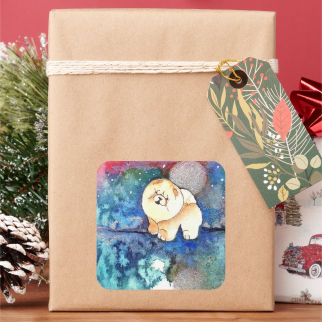 Pegatina Cuadrada SILVERY MOON Cow perro acuarela (Vacaciones)