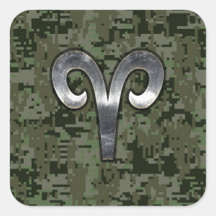 Pegatina Cuadrada Símbolo Aries Zodiac Camuflaje Digital Woodland