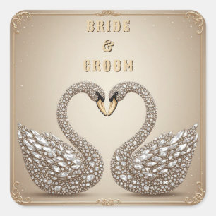 Pegatina Cuadrada Símbolo de corazón de cisne de boda con joyas