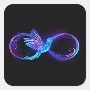Pegatina Cuadrada Símbolo de infinito neón con colibrí brillante
