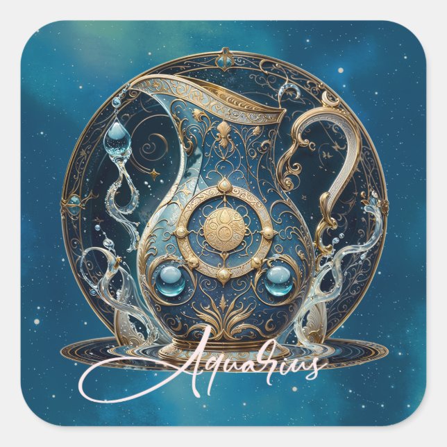 Pegatina Cuadrada Símbolo de portador de agua celeste acuario de oro (Anverso)