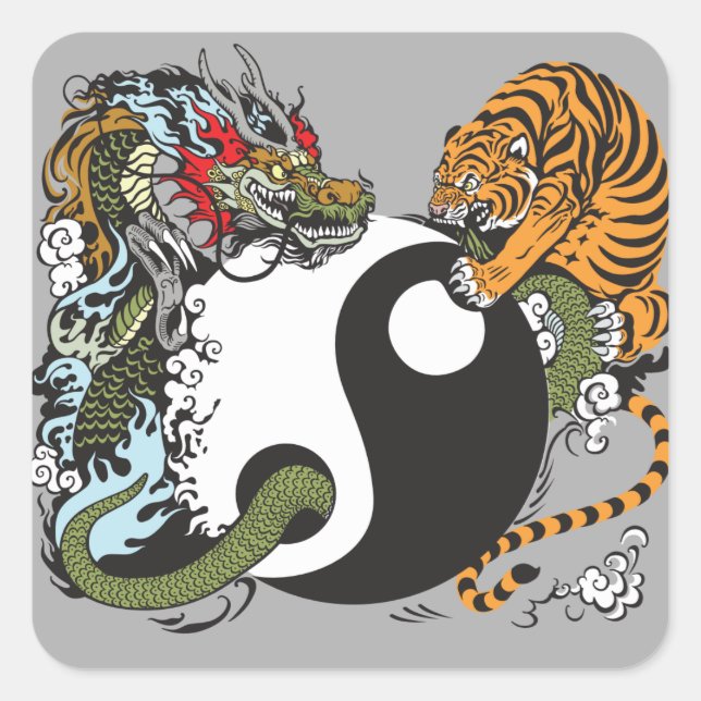 Pegatina Cuadrada símbolo dragón y tigre yin yang (Anverso)