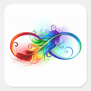 Pegatina Cuadrada Símbolo infinito con plumas arcoiris