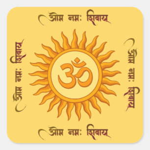 Pegatina Cuadrada Símbolo Om en diseño hindú espiritual de sol radia