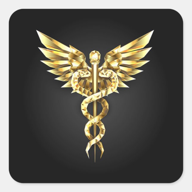 Pegatina Cuadrada Símbolo poligonal de oro Caduceus (Anverso)
