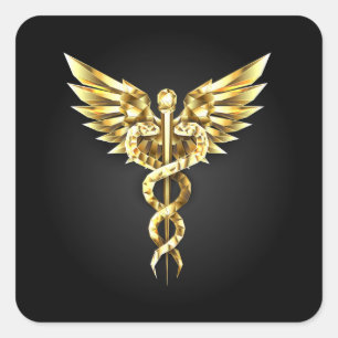 Pegatina Cuadrada Símbolo poligonal de oro Caduceus