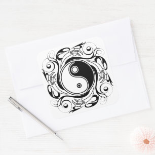 Pegatina Cuadrada Símbolo Yin & Yang estilo tatuaje negro y blanco