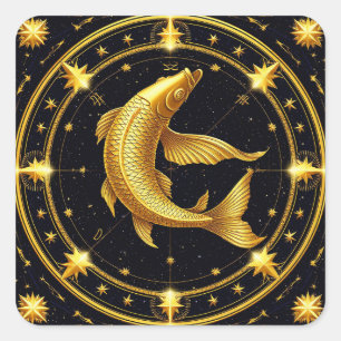 Pegatina Cuadrada Símbolo zodiacal de Piscis dorado rodeado de estre