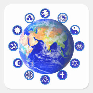 Pegatina Cuadrada Símbolos de paz y unidad alrededor del planeta Tie