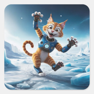 Pegatina Cuadrada Simpático gato robot en otro planeta helado