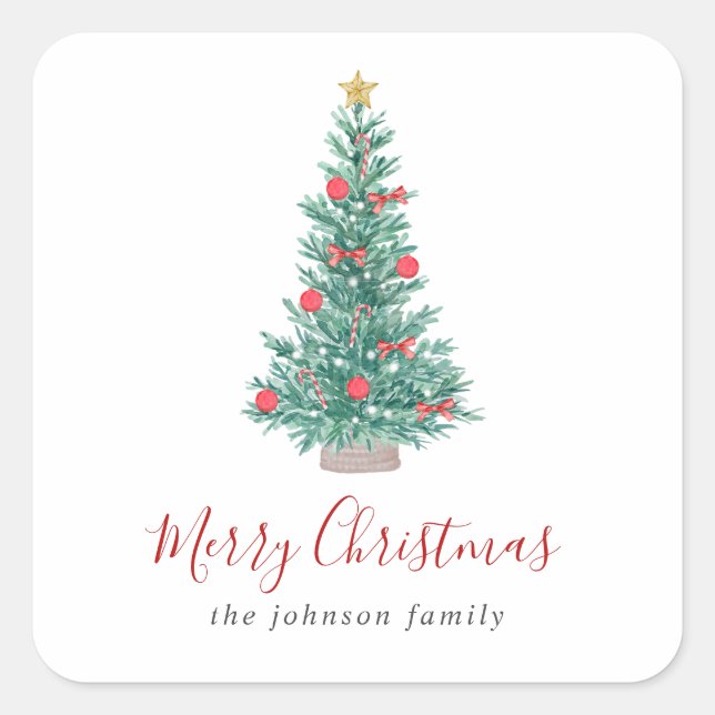 Pegatina Cuadrada Simple acuarela Festividad del árbol de Navidad (Anverso)