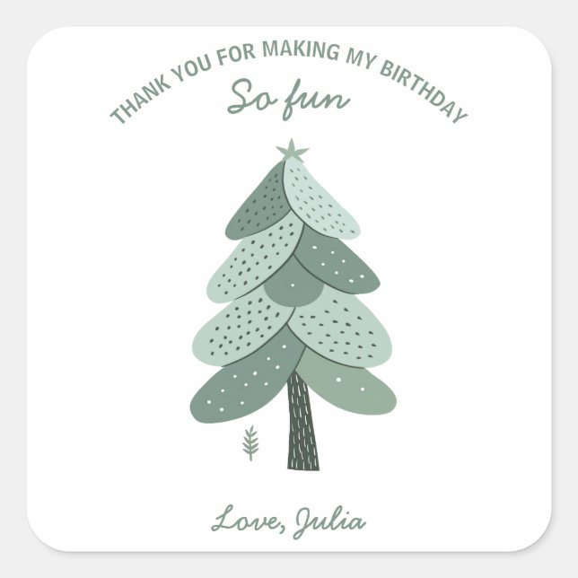 Pegatina Cuadrada Simple árbol de Navidad Cumpleaños (Anverso)