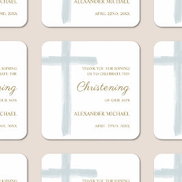 Pegatina Cuadrada Simple Blue Cross Christening Baptism Thank You