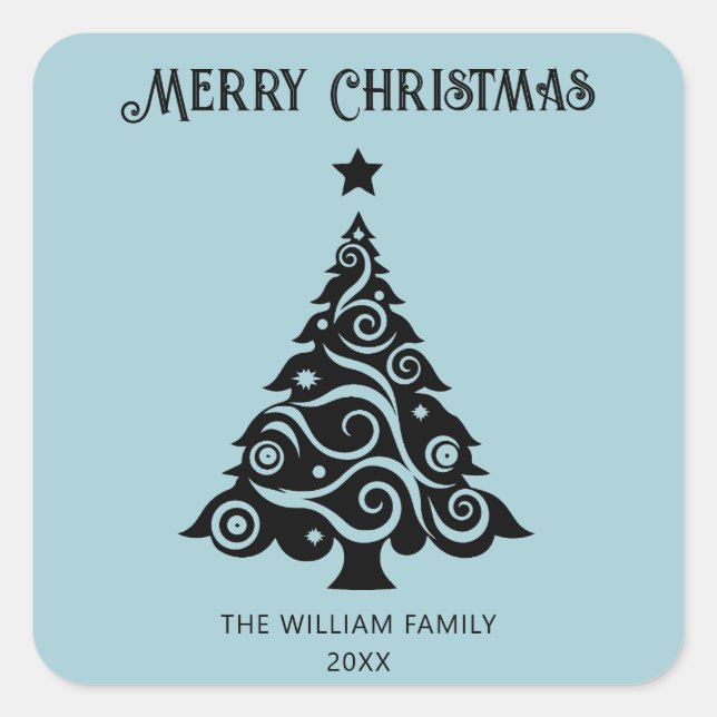 Pegatina Cuadrada Simple Blue Merry Blue Christmas Tree Gift (Anverso)