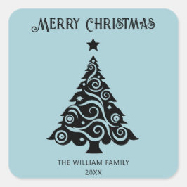 Pegatina Cuadrada Simple Blue Merry Blue Christmas Tree Gift