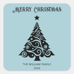 Pegatina Cuadrada Simple Blue Merry Blue Christmas Tree Gift