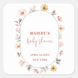 Pegatina Cuadrada Simple Boho Wildflower Frame Baby Shower