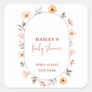 Pegatina Cuadrada Simple Boho Wildflower Frame Baby Shower