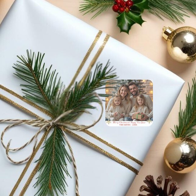 Pegatina Cuadrada Simple Classic Gold Snowflakes (Simple Classic Gold Snowflakes one photo Square Sticker)