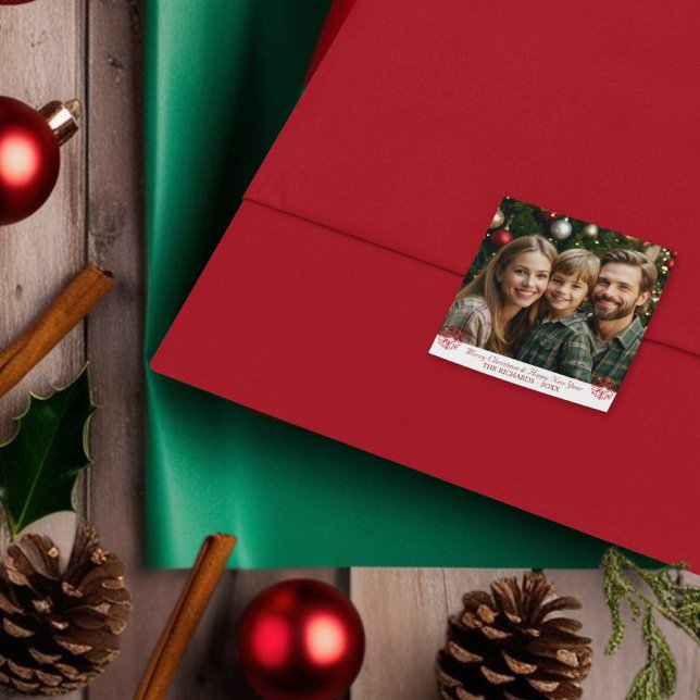 Pegatina Cuadrada Simple Classic Red Snowflakes con una foto (Simple Classic Red Snowflakes one photo Square Sticker)