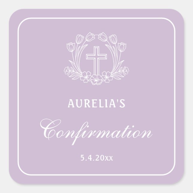 Pegatina Cuadrada Simple Cruz Floral en la confirmación de Lilac (Anverso)