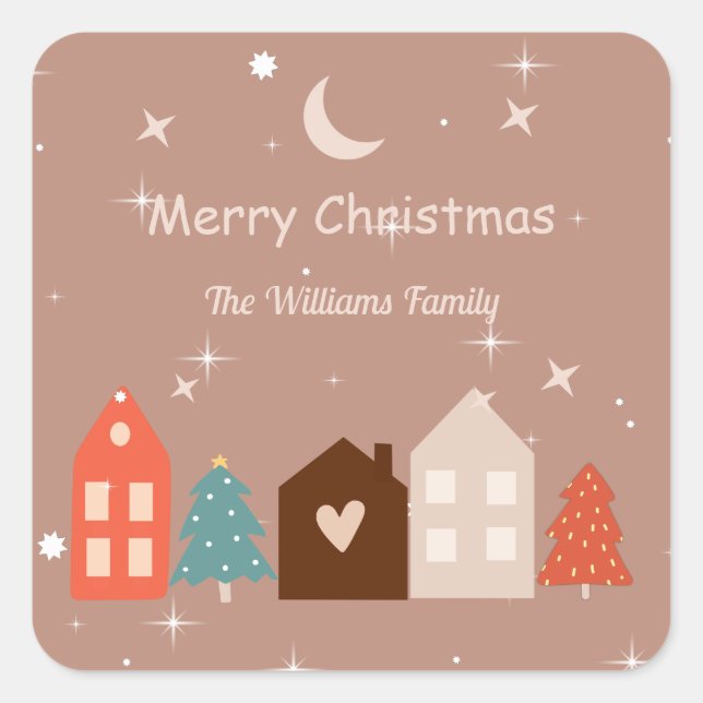 Pegatina Cuadrada Simple Earth Tone Merry Christmas (Anverso)