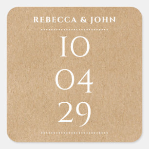 Pegatina Cuadrada Simple Elegante Fecha Especial Boda   Kraft Rústic