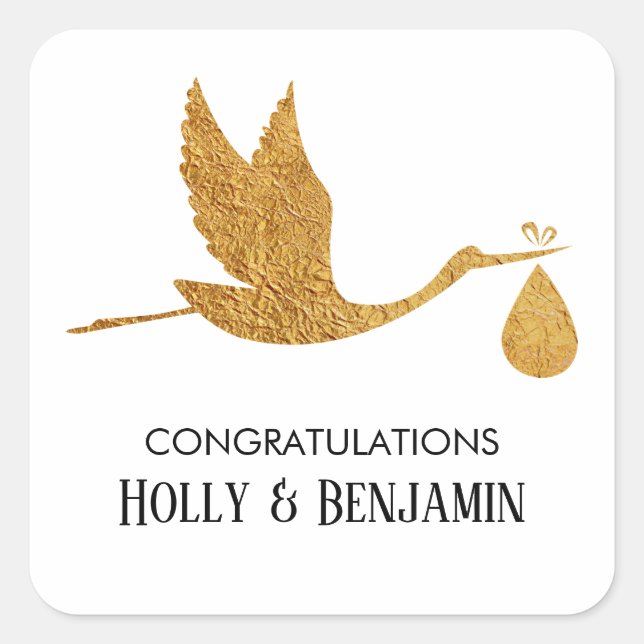Pegatina Cuadrada Simple Faux Gold Stork Felicitaciones Baby Shower (Anverso)
