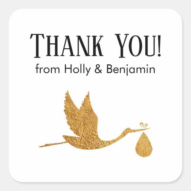 Pegatina Cuadrada Simple Faux Gold Stork Gracias! Baby Shower (Anverso)
