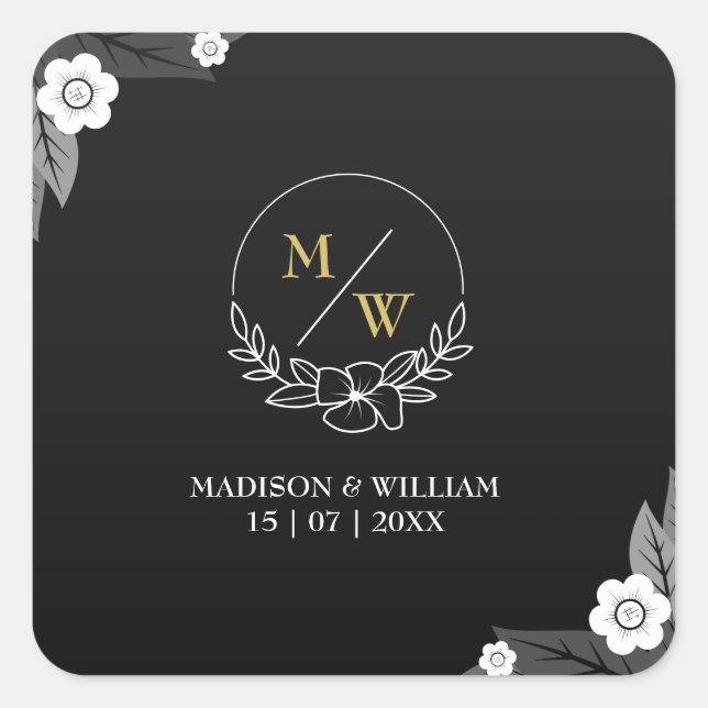 Pegatina Cuadrada Simple matrimonio elegante en blanco y negro (Anverso)