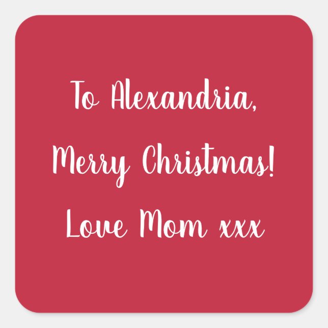 Pegatina Cuadrada Simple Merry Christmas from Mom Red and White (Anverso)