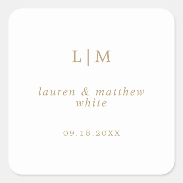 Pegatina Cuadrada Simple Monograma de Oro Antiguo Elegante Boda (Anverso)