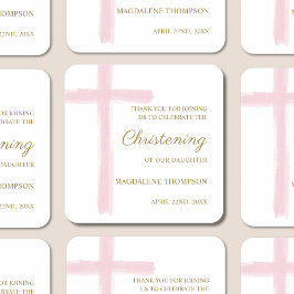 Pegatina Cuadrada Simple Pink Cross Christening Baptism Thank You