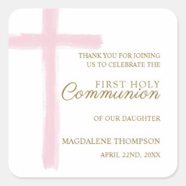 Pegatina Cuadrada Simple Pink Cross First Holy Communion Thank You