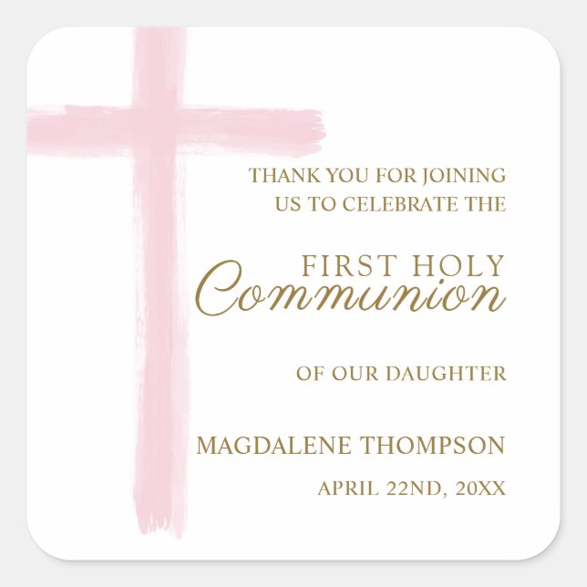 Pegatina Cuadrada Simple Pink Cross First Holy Communion Thank You (Anverso)