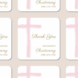 Pegatina Cuadrada Simple Pink Cross Thank You Christening Baptism