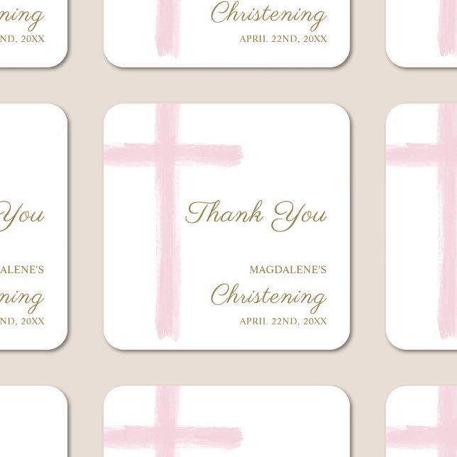 Pegatina Cuadrada Simple Pink Cross Thank You Christening Baptism (Subido por el creador)