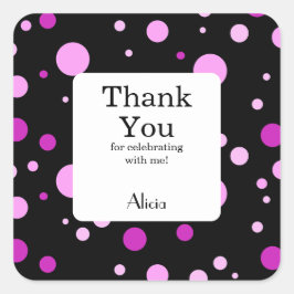 Pegatina Cuadrada Simple púrpura Lilac Polka Dot Black Gracias