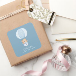 Pegatina Cuadrada Simple Teddy Bear Blue Balloon