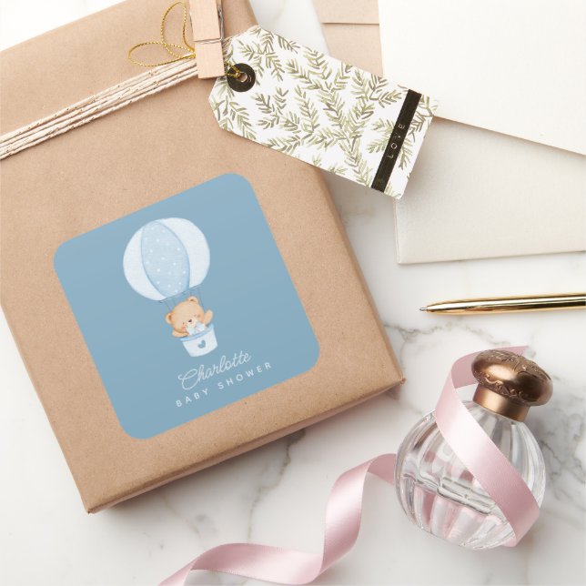 Pegatina Cuadrada Simple Teddy Bear Blue Balloon (Regalar)