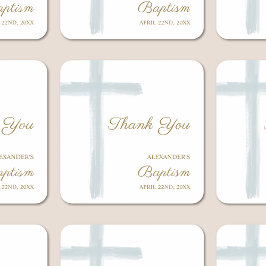 Pegatina Cuadrada Simple Watercolor Blue Cross Thank You Baptism