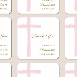 Pegatina Cuadrada Simple Watercolor Pink Cross Thank You Baptism